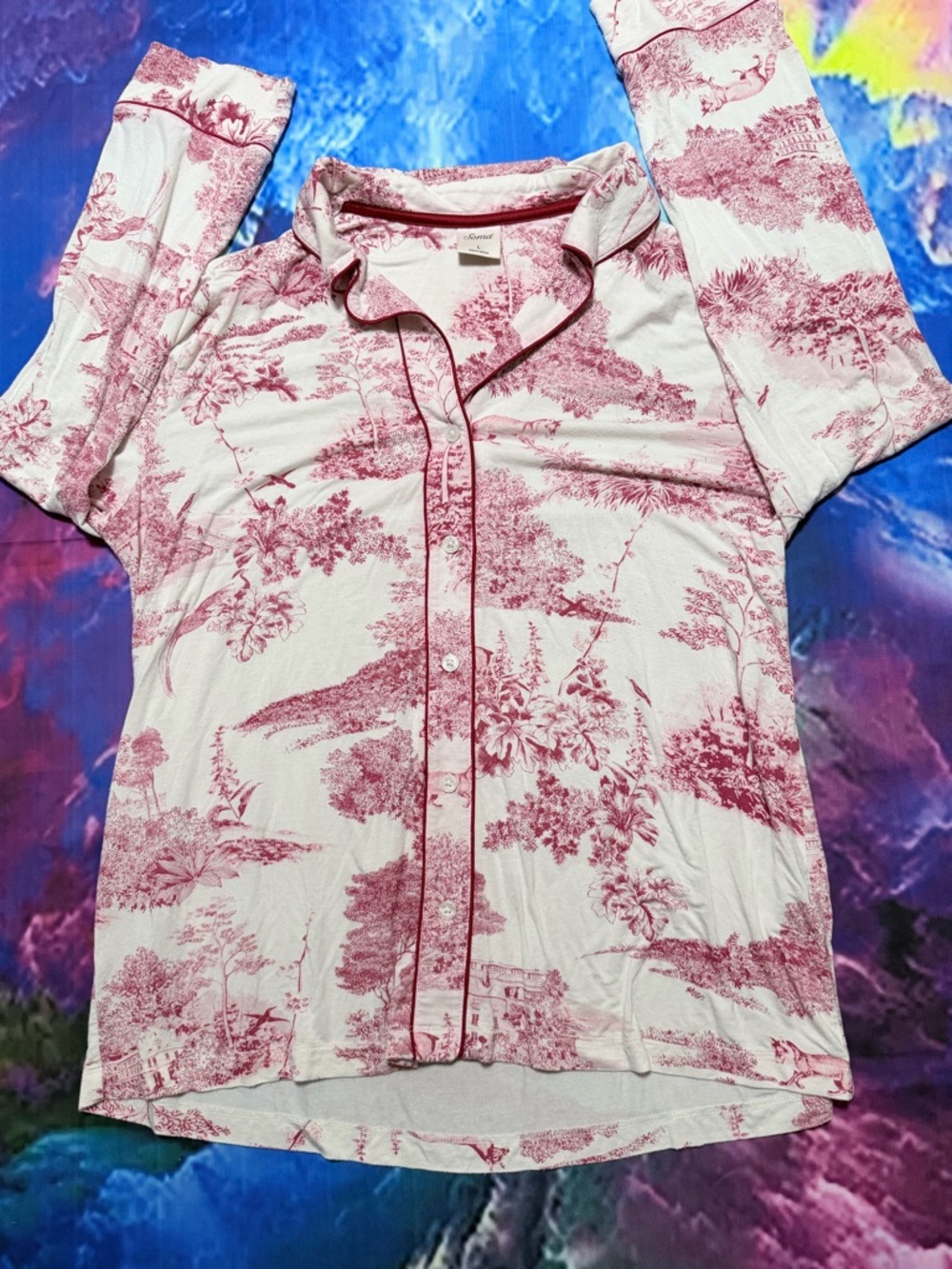 Soma White and Rose Toile Button-Up Sleepwear Top. No pants